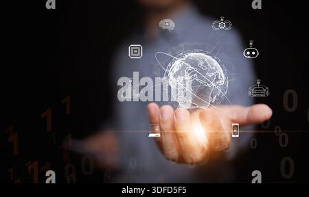 AI ecosystem transforming the world through smart city, robotic, automation, connected devices, and future technology. A man hand holding digital glob Stock Photo