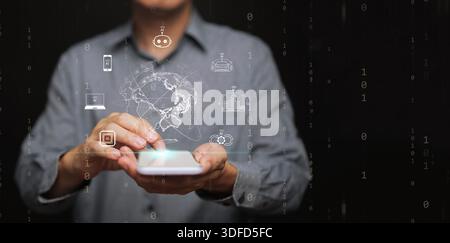 Artificial intelligence integration in mobile technology, smart applications, data flow, and global connectivity. A man using smartphone with digital Stock Photo