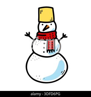 Doodle snowman with red scarf, bucket hat. Hand drawn winter character isolated on white background. Cute seasonal mascot for holiday decor. Vector il Stock Vector