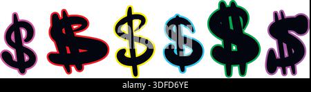 Set of dollar icons in graffiti style. Hand drawn ink signs with bright outline. Street art, vector graphics Stock Vector