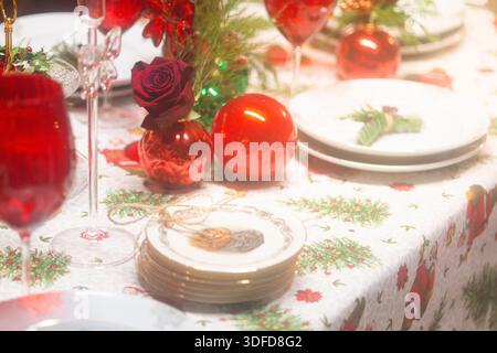 Christmas Table Setting at Home Stock Photo