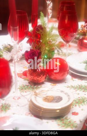 Christmas Table Setting at Home Stock Photo