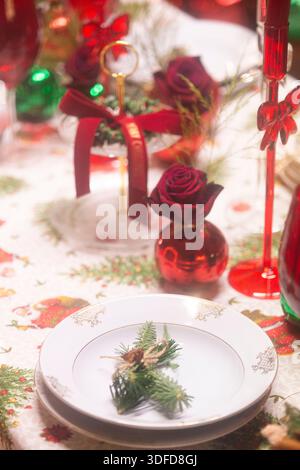 Christmas Table Setting at Home Stock Photo