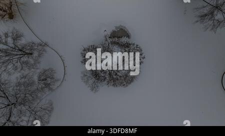 Aerial view of a snow-covered park blanketed in white, with trees and benches dusted in a fresh layer of powder, creating a stark winter scene, Boston Stock Photo