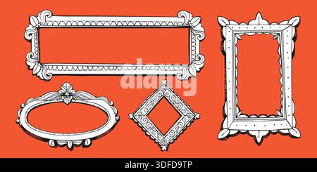 Hand drawn baroque frames set. Vector illustration vintage oval, square, diamond shape border with floral doodle ornament, classic decoration for photo, mirror or painting, home interior, art gallery Stock Vector