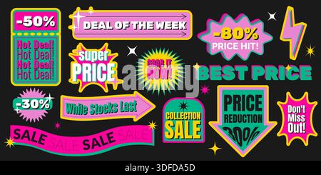 Y2k sale sticker set with retro shop badges - vibrant discount labels, hot deal banners and promo shapes in neon colors. Vintage vector patch collection of stars and arrows by nostalgic 2000s style. Stock Vector