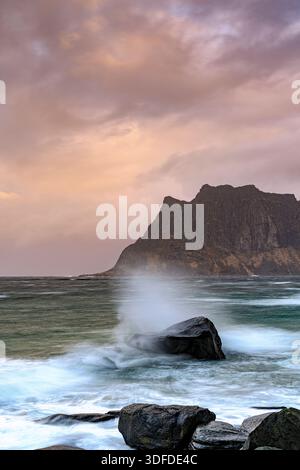 Sunset over the rough arctic sea, Lofoten Islands Stock Photo