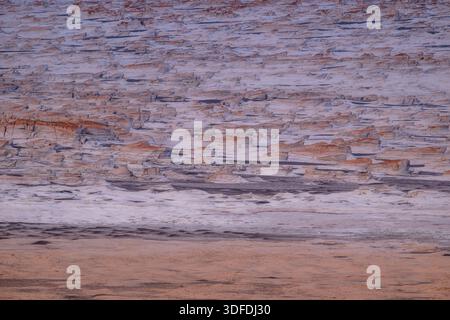 Detailed close-up of dried mud flats and mineral formations in a desert basin, showing geological textures and sediment layers. Stock Photo