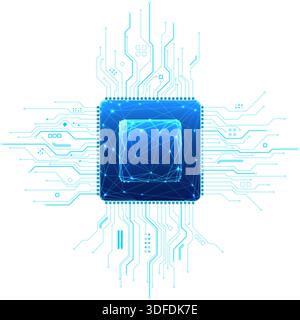 Blue circuit board chip with intricate wiring isolated on clear backdrop. Modern semiconductor technology featuring detailed electronic architecture a Stock Vector