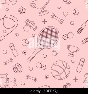 Sports equipment seamless pattern. Different balls, tennis racket, cups. Background for wallpaper, packaging, wrappers Stock Vector