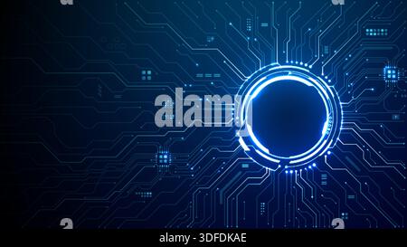 Futuristic circular portal with luminous circuit patterns radiating on digital tech backdrop. Blue neon frame featuring HUD interface, cyber elements, Stock Vector