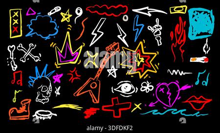 Colorful punk rock doodle set. skulls, flames, guitar, lightning bolts and stars, hearts, lips and eyes. freehand drawings, sketch vector set Stock Vector