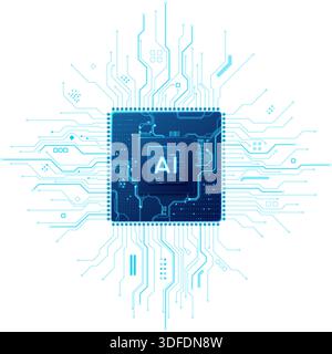 Isolated AI chip design featuring radiant central element and detailed circuit pathways. Semiconductor processor in blue tech tones with transparent b Stock Vector