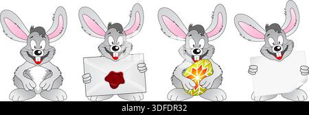 Set Easter Rabbit with Egg, Envelope, Blank Sheet of Paper, Isolated on White Background, vector Stock Vector