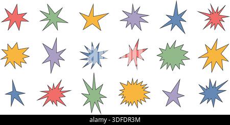 Irregular star shape icons set. Abstract starburst symbol. Color comic burst sticker. Graphic design collage element. Spiky cartoon figure. Vector Stock Vector