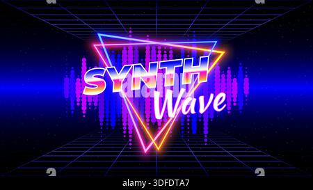 Retro futuristic abstract background. Synthwave 80s style poster. Music template. Neon triangle, 3d laser grid, audio signal waveform. Wireframe, mesh Stock Vector