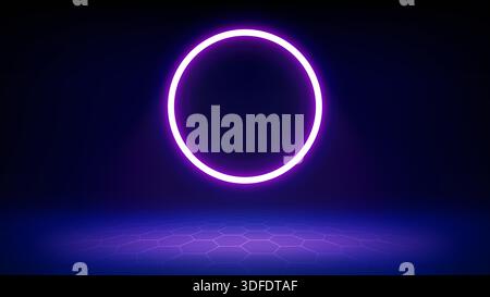 Futuristic blue technology stage background. Circular purple pink neon, led halo spotlight, grid floor. Background displaying products, presentation Stock Vector