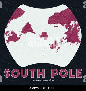 South Pole. World map. Larrivee projection centered to South Pole. Pale Mint Dark Pink palette. Vintage texture. Creative vector illustration. Stock Vector