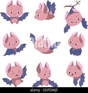 Cartoon bats. Funny bat characters, night wild flying animals. Isolated children mascots, forest animal different poses. Cute faces, nowaday vector Stock Vector