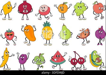 Retro fruits characters. Funny cartoon fruits, groovy emotional mascots. Fresh healthy food. Pineapple, apple, orange, peach, watermelon, cherry Stock Vector