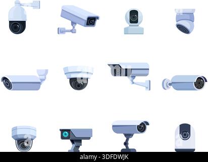 Cartoon outdoor video cameras. Privacy safety systems, cctv for road, traffic, streets, mall and office. Protection video system, control and Stock Vector