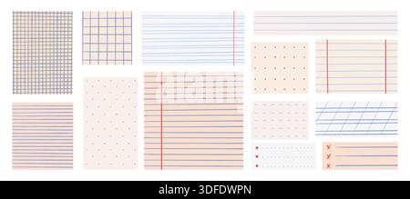 Sheets for notes. Paper sheet template with hand drawn lines, grids, dots. Notebook papers, checklist and marks design for journal, daily planner Stock Vector