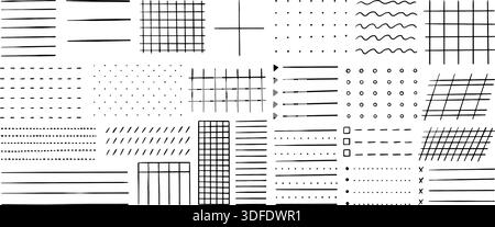 Doodle line grids for notes. Pencil drawing lines for notebook, note sheets, bullet journal. Mark list templates, checklist textures, hand drawn Stock Vector