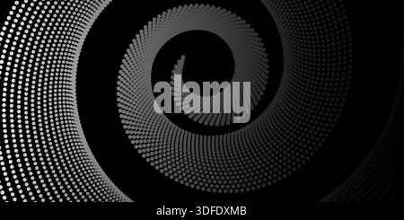 Abstract spiral pattern made of white dots on a black background. The dynamic, optical illusion effect creates depth and motion, perfect for modern de Stock Vector