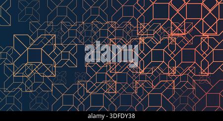An abstract geometric background featuring an intricate pattern of interconnected lines and polygons in warm, metallic tones on a dark background, sug Stock Vector