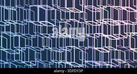 A vibrant abstract pattern of layers of repeating 3D cubes in purple, brown and blue placed on a dark blue background. The bold geometric design and c Stock Vector