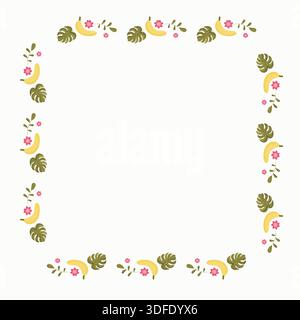 Vibrant vector frame featuring bananas, monstera leaves, and delicate pink flowers on white background, with space for text in the center. For tropical-themed designs cards, invitations, and menus. Vector illustration. Stock Vector