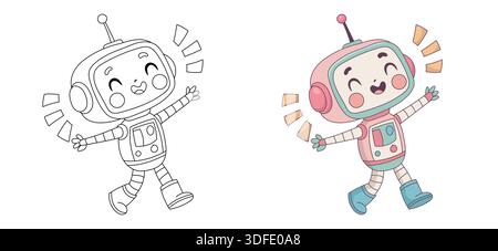 Cute dancing robot coloring page and colored Stock Vector