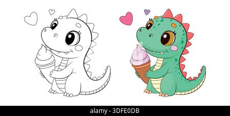 Cute dinosaur with ice cream coloring page Stock Vector