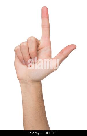 Male hand pointing on object with index finger isolated on white Stock Photo