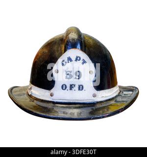 Vintage black captain fire brigade helmet isolated on a white background Stock Photo
