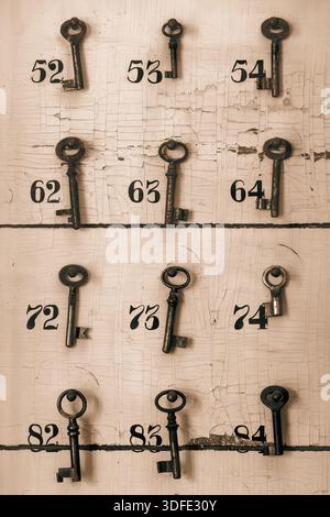 Weathered wooden panel with vintage hotel room keys Stock Photo