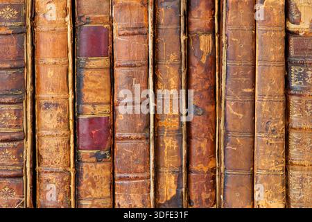 Row of ancient medieval weathered books with leather covers Stock Photo
