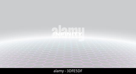 Bright hexagon background. Shiny white futuristic background with 3D hexagonal floor. Futuristic digital landscape with glowing grid horizon. Cyber Stock Vector