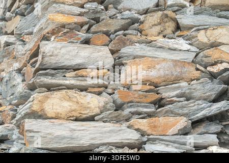 Close-up of stacked flat stones forming a natural wall texture. Rustic background for design and architecture concepts Stock Photo