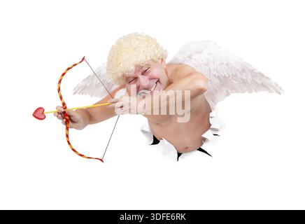 Angel with arrow peeping through paper hole, isolated on white background Stock Photo