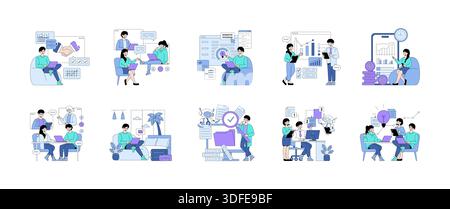 Set of vector illustrations showing people collaborating in various business and tech scenarios. Scenes include teamwork, data analysis, remote work, and cryptocurrency discussions. Characters are depicted engaging in digital tasks and professional interactions. Stock Vector