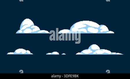 Pixel Art Snow Drifts Set. Winter Landscape Elements on Dark Blue Background. Stock Vector