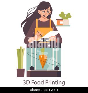 Female wearing an apron using a tablet to manage a 3D food printer. Vector illustration showcases modern technology in culinary arts, highlighting innovation and creativity. Stock Vector