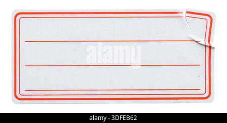 Blank white paper name label with red border lines and torn corner isolated on white background Stock Photo