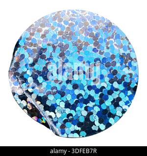 Round Blue Glitter Holographic Sticker Isolated on White Background with Sparkle Texture Stock Photo