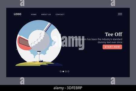 Vector illustration of a golf club striking a ball on a website banner, featuring navigation and start button. Ideal for sports, business, and design projects. Stock Vector