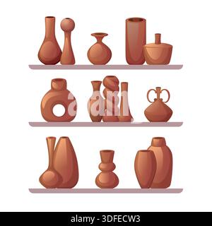 Clay vases. decorative hand made vases standing on shelves Stock Vector