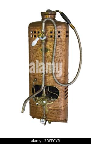 Vintage gas water heater with shower isolated on white background. Retro Instantaneous water heater with tap Stock Photo
