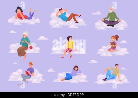 People in clouds. Kids adults parents mother father sitting on fluffy clouds and relaxing exact vector conceptual illustrations of dreaming Stock Vector