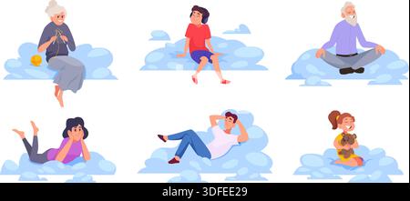 People in clouds. Adults and kits relax in clouds in different poses exact vector conceptual pictures of dreams Stock Vector